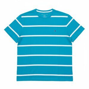Tommy Hilfiger Sz L Turquoise Blue T-Shirt w/White Stripes L/L Round Neckline